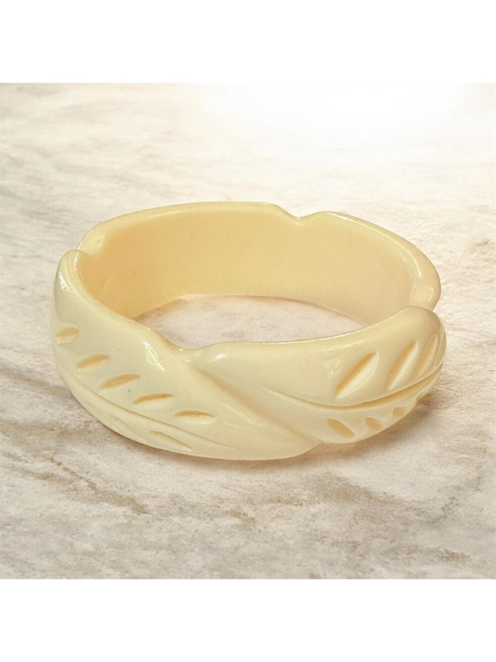 Vintage Carved Leaf Design Bangle Bracelet Cream Color 2.75" Diameter 1" Width